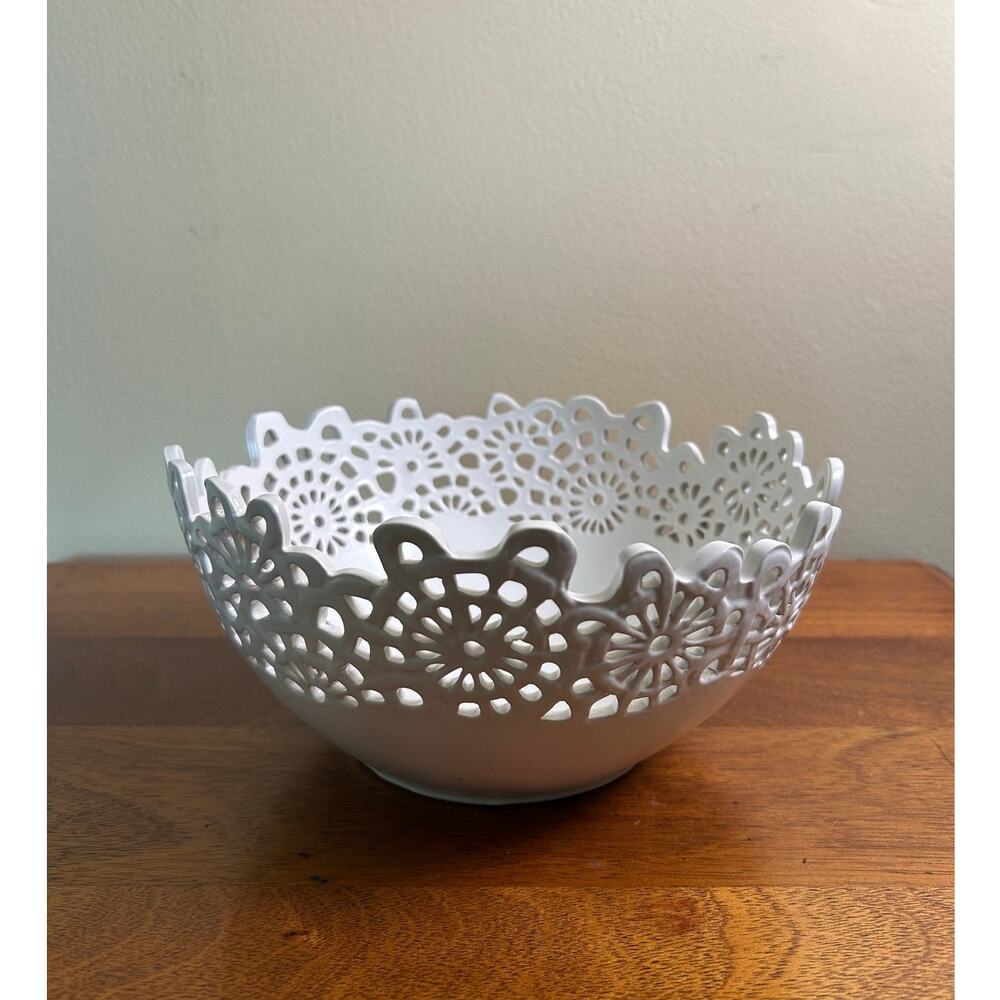 Vintage White Ceramic Lace Edge Bowl - Decorative Use Only Centerpiece Bowl
